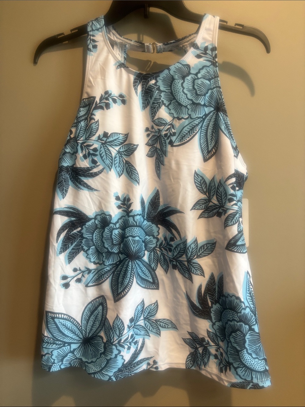White Swim Tank Top with Blue Floral Print